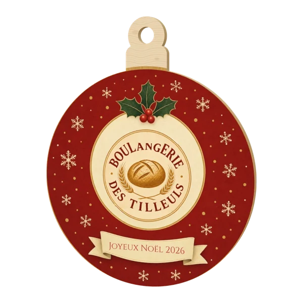 Boule de Noël classique en bois au logo d'une boulangerie dans un cadre de Noël rouge, avec le message « Joyeux Noël 2026 »