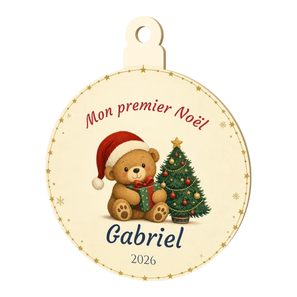 Boule de Noël classique en bois « Mon premier Noël » avec le prénom Gabriel et l'année 2026, autour d'un ourson au bonnet rouge