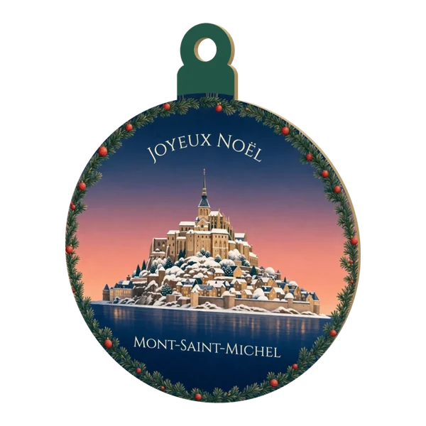 Boule de Noël classique en bois « Joyeux Noël » et « Mont-Saint-Michel » autour de l'abbaye enneigée, au crépuscule