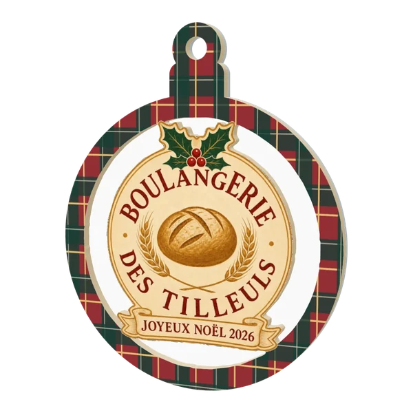Boule de Noël en relief 3D sur base miroir, bois découpé au logo d'une boulangerie, édition « Joyeux Noël 2026 »