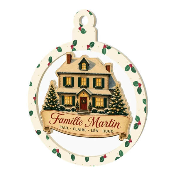 Boule de Noël en relief 3D sur base miroir, bois découpé « Famille Martin » : maison enneigée et prénoms Paul, Claire, Léa et Hugo