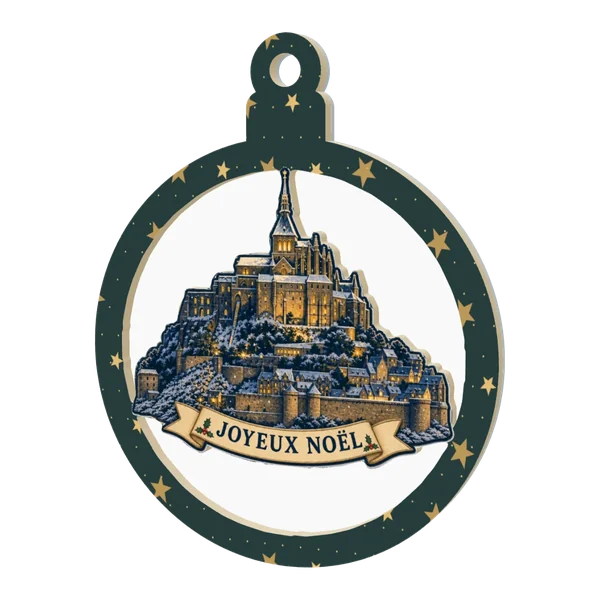 Boule de Noël en relief 3D sur base miroir, bois découpé « Joyeux Noël » avec le Mont-Saint-Michel sous la neige
