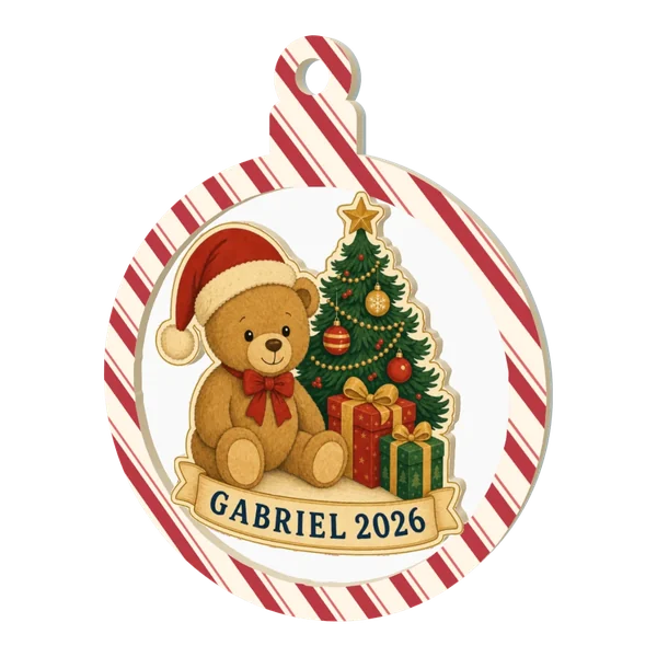 Boule de Noël en relief 3D sur base miroir, bois découpé « Mon premier Noël, Gabriel 2026 » avec un ourson au bonnet rouge