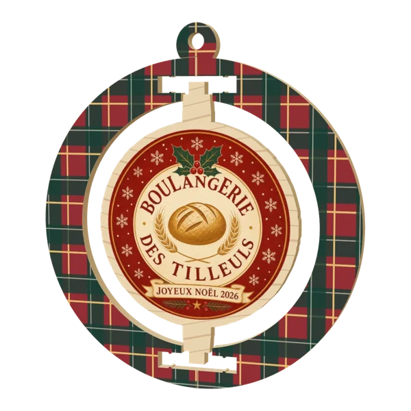 Boule de Noël pivotante en bois, cadre imprimé, médaillon au logo d'une boulangerie, édition « Joyeux Noël 2026 » au centre