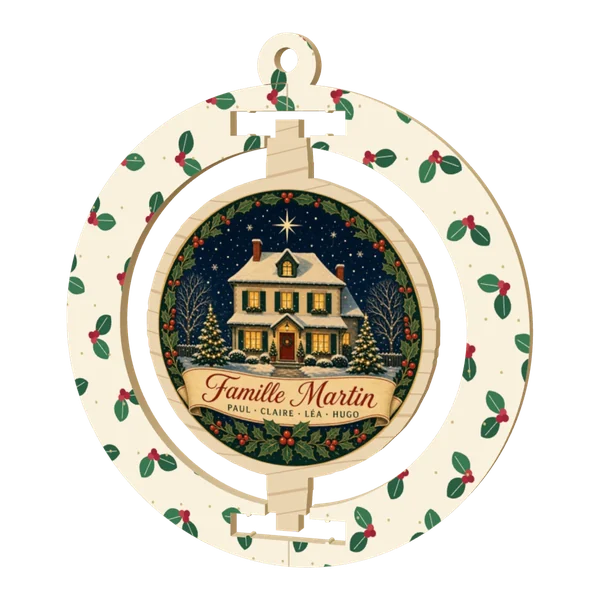 Boule de Noël pivotante en bois, cadre imprimé, médaillon « Famille Martin » : maison enneigée et prénoms Paul, Claire, Léa et Hugo au centre