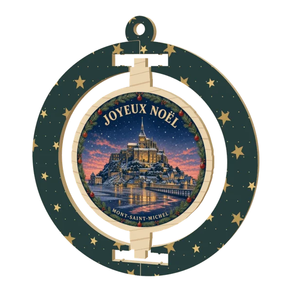 Boule de Noël pivotante en bois, cadre imprimé, médaillon « Joyeux Noël » avec le Mont-Saint-Michel sous la neige au centre