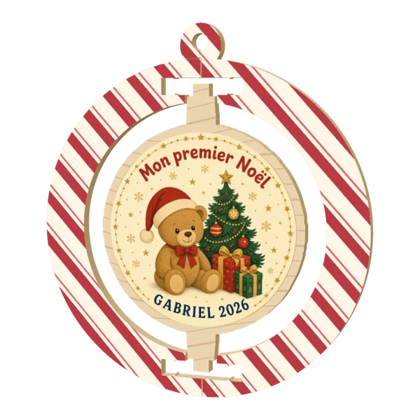 Boule de Noël pivotante en bois, cadre imprimé, médaillon « Mon premier Noël, Gabriel 2026 » avec un ourson au bonnet rouge au centre