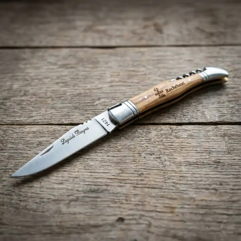 Couteau Bougna tire-bouchon avec manche en bois gravé