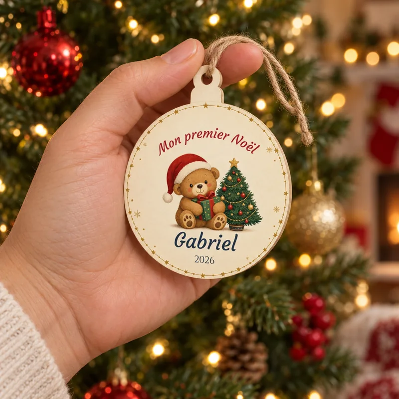 Boule de Noël en bois «&nbsp;Mon premier Noël&nbsp;» au prénom de Gabriel, tenue dans la main devant un sapin