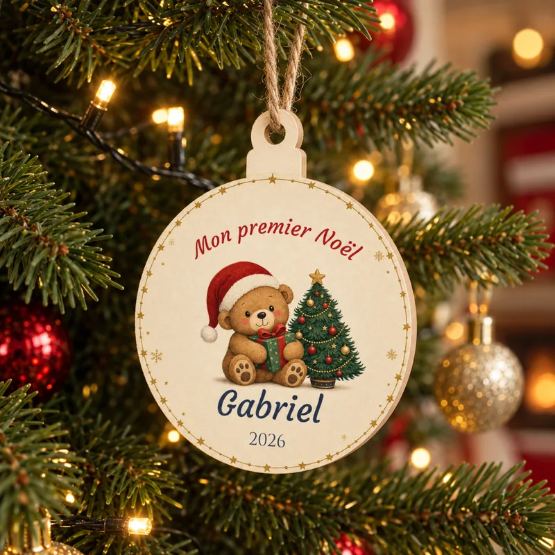 Boule de Noël en bois « Mon premier Noël » au prénom de Gabriel, avec un ourson au bonnet rouge, accrochée dans un sapin illuminé