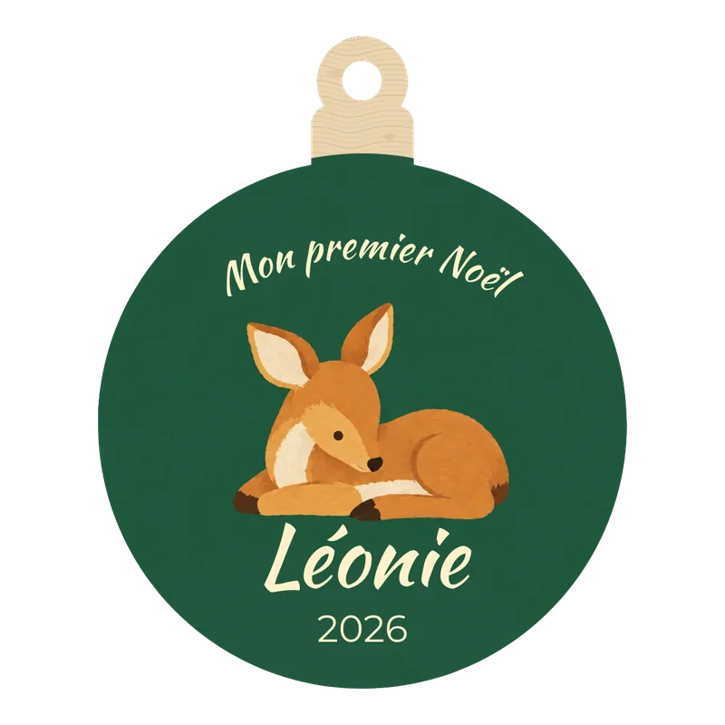 Boule de Noël ronde en bois « Mon premier Noël », un faon endormi au-dessus du prénom Léonie