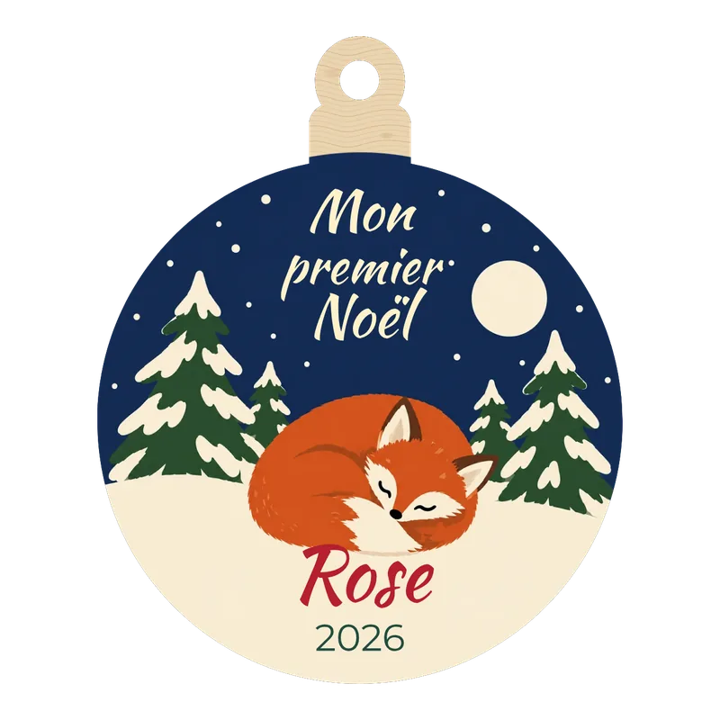 Boule de Noël ronde en bois « Mon premier Noël », un renardeau endormi dans la neige au-dessus du prénom Rose