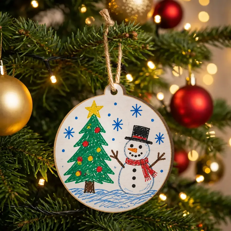 Boule ronde en bois imprimée d'un dessin d'enfant aux feutres, un sapin et un bonhomme de neige