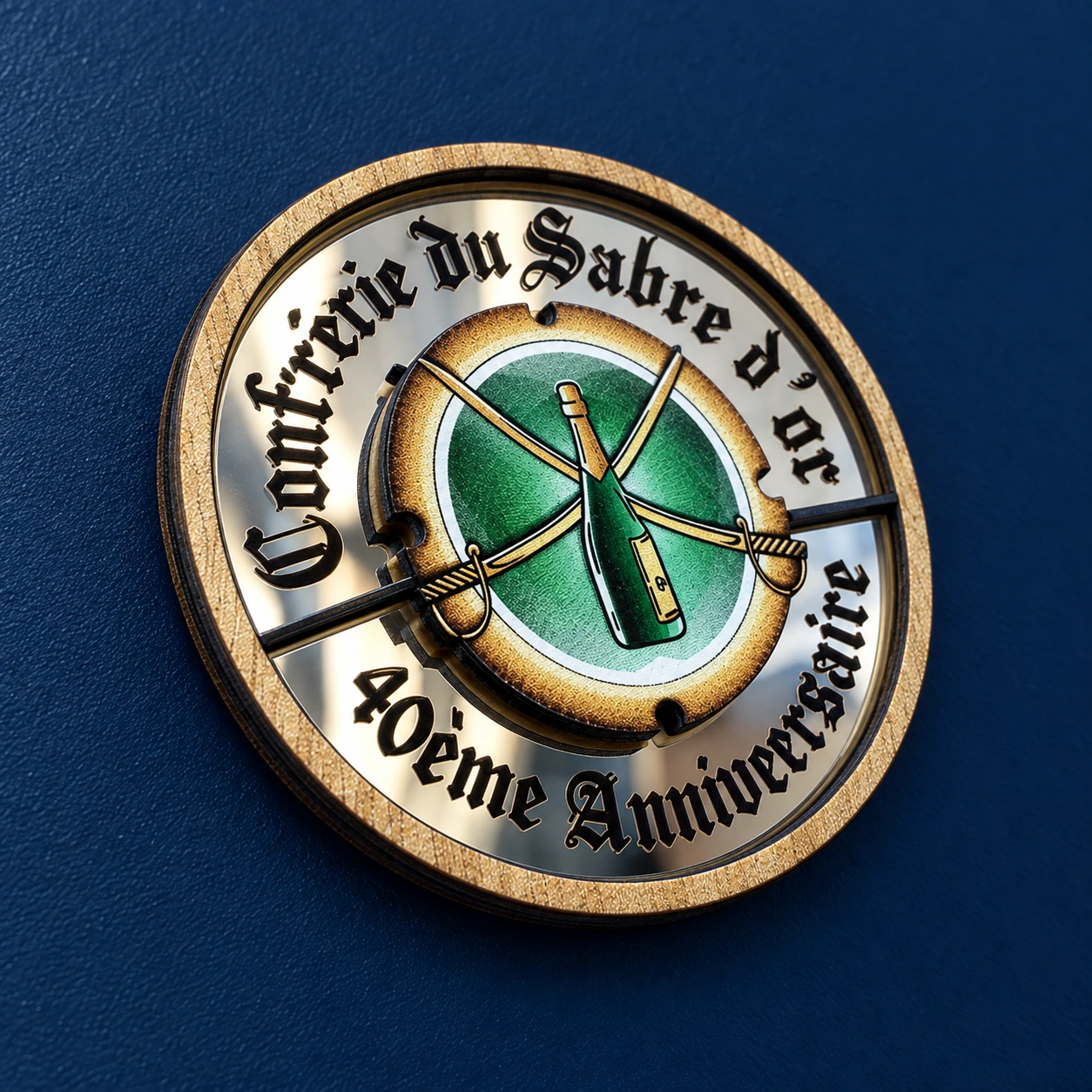 Magnet miroir 3D de la Confrérie du Sabre d'or, médaillon en relief vu de trois quarts