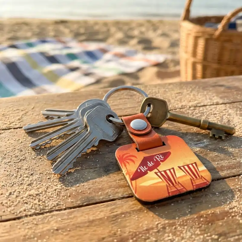 Porte-clés en bois avec attache en cuir