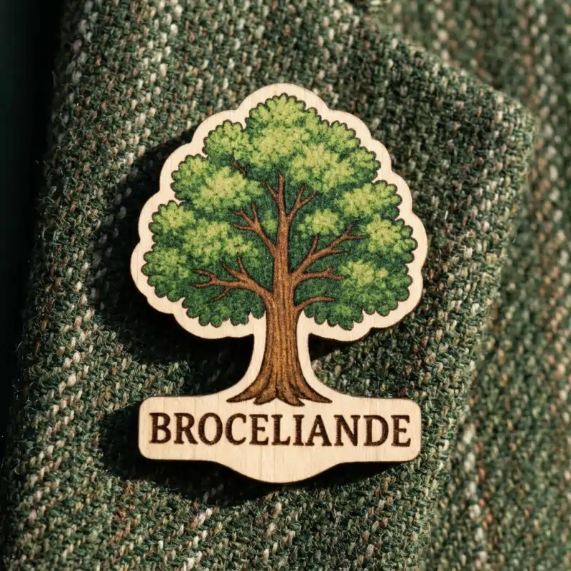 Pin's bois découpés à la silhouette du visuel, présentés sur fond cartonné personnalisé