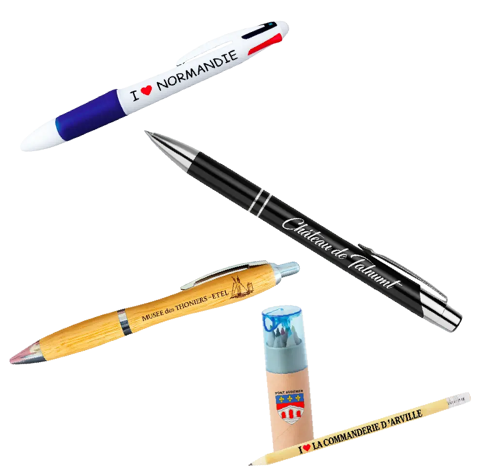 Stylos et crayons personnalisés — bambou, aluminium, marquage UV ou gravure